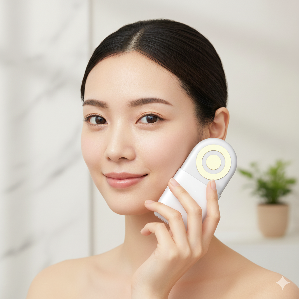 明るい室内で女性がELFACE Aを頬に当てて使用している様子